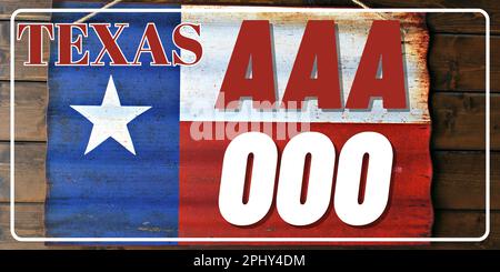 Fahrzeugkennzeichen in Texas in den Vereinigten Staaten von Amerika, Autokennzeichen. Führerscheinnummern verschiedener amerikanischer Staaten. Vintage-Druck für Grafiken, Aufkleber und Poster auf dem T-Shirt Stockfoto