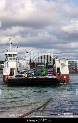 Fahrzeuge, die im März auf einer Kettenfähre zwischen Sandbanks und Studland in Poole Harbour vorbeifahren, aus Studland, Dorset, Großbritannien Stockfoto