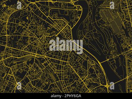 Schwarzer und gelber Vektorplan von Kiew mit gut organisierten getrennten Schichten. Stock Vektor