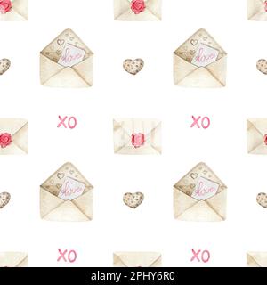 Wasserfarbener Love-Umschlag mit nahtlosem Muster. Handgezeichnete Illustration. Valentinstag Stockfoto