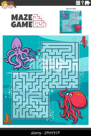 Cartoon-Illustration eines Labyrinth-Puzzle-Spiels für Kinder mit lustigen Oktopus-Tierfiguren Stock Vektor