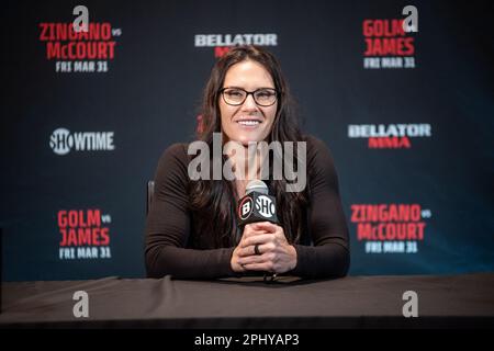 Temecula, CA - März 28.: CAT Zingano spricht am 31. März 2023 im kalifornischen Temecula auf dem Bellator 293 Golm vs James im Pechanga Resort and Casino vor den Medien. (Foto: Matt Davies/PX Images) Stockfoto