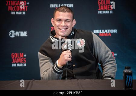 Temecula, CA - März 28.: Marcelo Golm spricht am 31. März 2023 im kalifornischen Temecula auf der Bellator 293 Golm vs James im Pechanga Resort and Casino vor den Medien. (Foto: Matt Davies/PX Images) Stockfoto