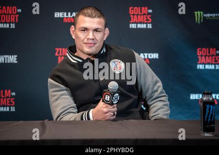 Temecula, CA - März 28.: Marcelo Golm spricht am 31. März 2023 im kalifornischen Temecula auf der Bellator 293 Golm vs James im Pechanga Resort and Casino vor den Medien. (Foto: Matt Davies/PX Images) Stockfoto