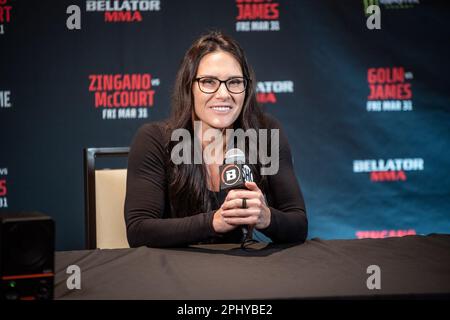 Temecula, CA - März 28.: CAT Zingano spricht am 31. März 2023 im kalifornischen Temecula auf dem Bellator 293 Golm vs James im Pechanga Resort and Casino vor den Medien. (Foto: Matt Davies/PX Images) Stockfoto