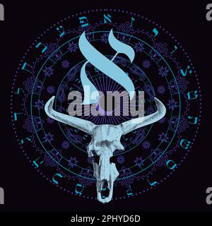 vektordarstellung A aus dem hebräischen Alphabet mit einem Hörnchen-Tierskelett. Tote Aurochs Brief namens Aleph. Stock Vektor