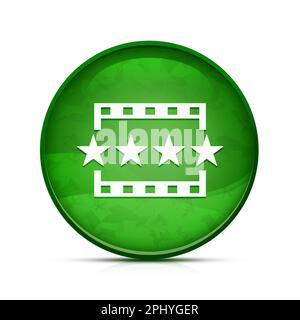 Ein Symbol für Filmbesprechungen auf einem stilvollen, grünen runden Knopf Stockfoto