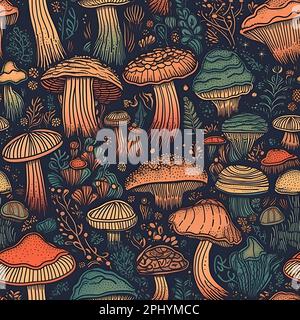Nahtloses Muster mit Pilzen. Vektorgrafik im Vintage-Stil. Stockfoto