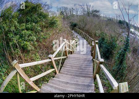 Die Treppe führt vom Bungay Castle Gelände runter. Stockfoto