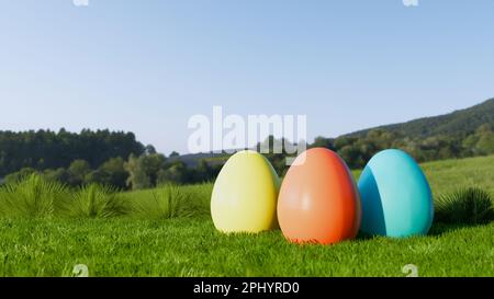 Farbenfrohe ostereier liegen auf Gras mit Bergen im Hintergrund sonniger Tag 3D Illustration Stockfoto