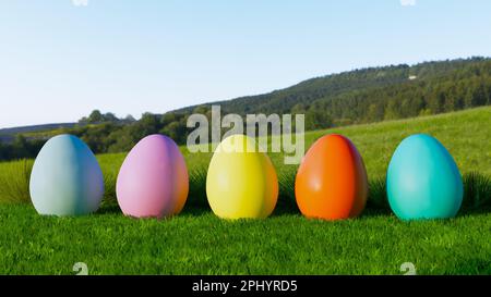 Farbenfrohe ostereier liegen auf Gras mit Bergen im Hintergrund sonniger Tag 3D Illustration Stockfoto