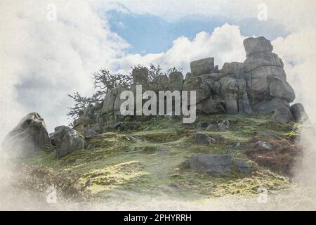 Digitale Aquarellmalerei der Felsformation Robin Hood's Stride Limestone Way in den Derbyshire Dales, Peak District National Park, Großbritannien. Stockfoto