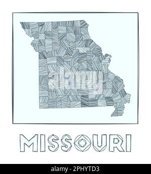 Skizzieren Sie eine Karte von Missouri. Von Hand gezeichnete Graustufenkarte des US-Bundesstaates. Gefüllte Regionen mit Hachure-Streifen. Vektorabbildung. Stock Vektor