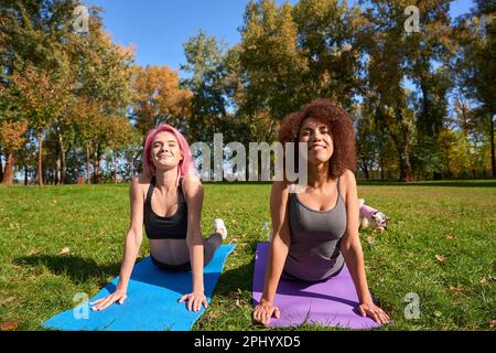 Zwei sportliche Frauen, die Yoga im Park machen Stockfoto