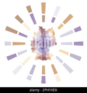 Sonnenaufgang in Deutschland. Niedrige Poly-Streifen und Landkarte des Landes. Künstlerische Vektorillustration. Stock Vektor