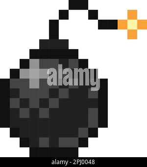 Schwarze Bombe Pixel Art. Flammendes Kanonenkugel-Retro-Logo. Vektordarstellung Stock Vektor