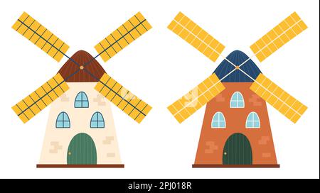 Mit Windmühlen auf weißem Hintergrund im Cartoon-Stil. Handgezeichnete Symbole von Farmmühlen Stock Vektor