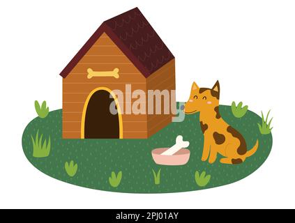 Süßer kleiner Hund, der neben der Hundehütte sitzt, mit einer Schüssel und einem Knochen drin Stock Vektor