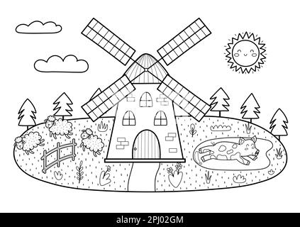 Schwarz-weiße Bauernlandschaft im Cartoon-Stil mit Windmühle, Schwein und Schaf Stock Vektor
