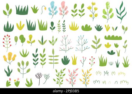 Doodle Plants werden im Cartoon-Stil gebündelt. Gras, Sprossen und Blätter, große Sammlung Stock Vektor