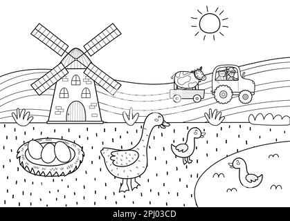 Auf dem schwarz-weißen Poster mit einer süßen Gans und ihren Babyliedern Stock Vektor