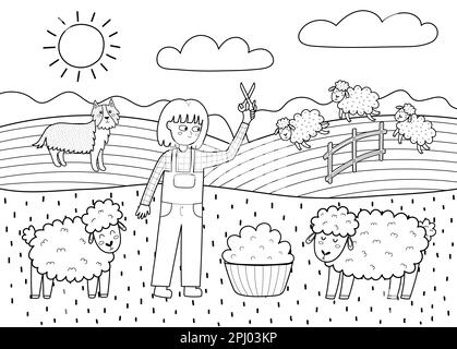 Auf dem Bauernposter mit süßen Tieren in Schwarz und Weiß. Mädchen, die Schafe scheren und Wolle herstellen Stock Vektor