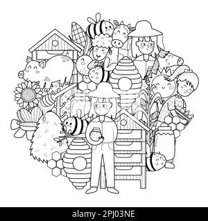 Seite zum Ausmalen von Bienen und Imkern in Kreisform. Doodle Mandala mit Bauernfiguren zum Ausmalen Stock Vektor