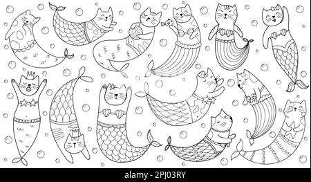 Süße Mermaid Cats Schwarz-Weiß-Kollektion für ein Malbuch Stock Vektor