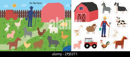 Auf dem Bauernhof mit niedlichen Tieren und ihren Namen. Seite für Schulungsaktivitäten Stock Vektor