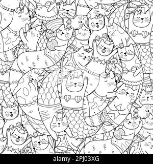 Doodle Mermaid Cats in Schwarz und Weiß, nahtloses Muster. Ausmalseite Stock Vektor