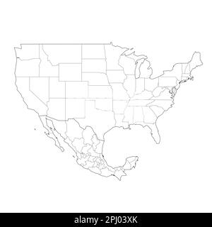 Politische Karte der Verwaltungsabteilungen in den USA und Mexiko. Leere Vektorzuordnung mit schwarzer Kontur Stock Vektor