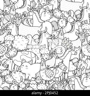 Landtiere Schwarzweiß, nahtloses Muster für Malbuch Stock Vektor