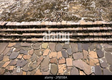 Details des Fußbodens der Azteken-Ruinen des Templo Mayor in der Innenstadt von Mexiko-Stadt, Mexiko Stockfoto