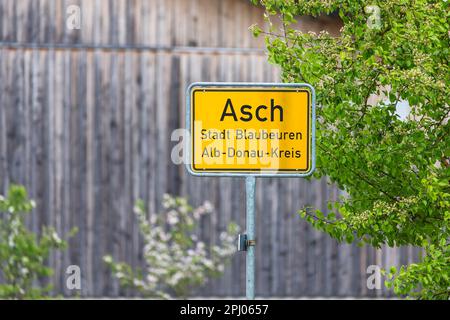 Ortsname Zeichen von Asch, lustiger Ortsname, Bezirk Blaubeuren im Bezirk Alb-Donau, Baden-Württemberg, Deutschland Stockfoto