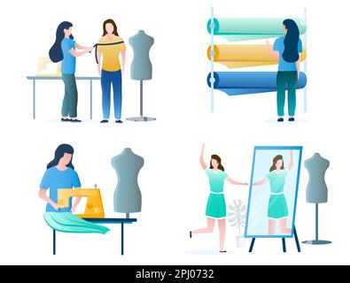 Zeichensatz Schneiderin-Frau, vektorisolierte Illustration Stock Vektor