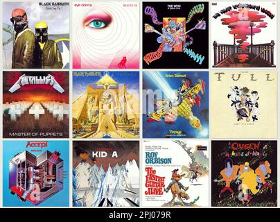 Albumcover aus alten alten Rock- und Popmusik-Alben, Sammlung von Schallplatten-Designs Stockfoto