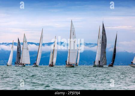 Segeln auf dem Bodensee, Weltmeisterschaft von 8mR Yachten, die historische 8-Meter-Klasse gilt als die schönste und größte Bootsklasse Stockfoto
