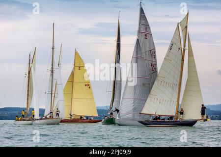 Segeln auf dem Bodensee, Weltmeisterschaft von 8mR Yachten, die historische 8-Meter-Klasse gilt als die schönste und größte Bootsklasse Stockfoto