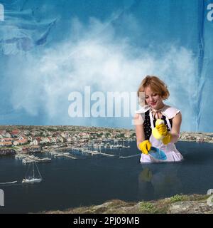 Eine wunderschöne junge Frau spült tagsüber Geschirr in den Fluss und überblickt die Stadt. Collage für zeitgenössische Kunst. Stockfoto