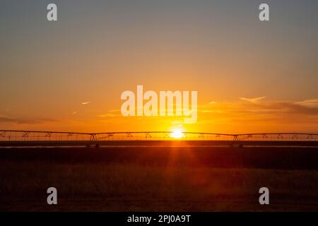 Turpin, Oklahoma, Center, Drehbewässerungsausrüstung bei Sonnenuntergang auf einem Bauernhof im Oklahoma Panhandle Stockfoto