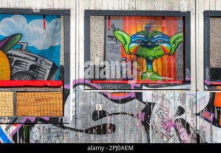 Graffiti, Reichsbahnausbesserungswerk RAW, Friedrichshain, Berlin, Deutschland Stockfoto