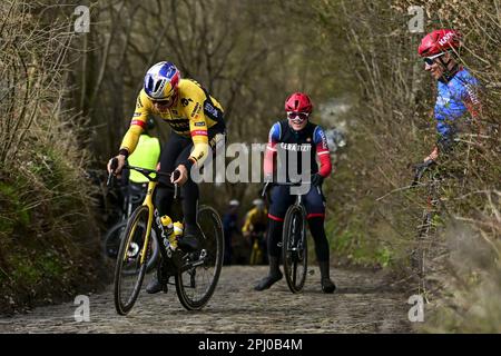 Oudenaarde, Belgien. 30. März 2023. Belgische Wout van Aert vom Team Jumbo-Visma in Aktion während der Vorbereitungen mehrerer Teams auf der Rennstrecke vor dem Radrennen Ronde van Vlaanderen/Tour des Flandres/Tour of Flanders am Donnerstag, den 30. März 2023. Die 107. Ausgabe des Radrennen findet am Sonntag, den 02. April, statt. BELGA PHOTO DIRK WAEM Credit: Belga News Agency/Alamy Live News Stockfoto