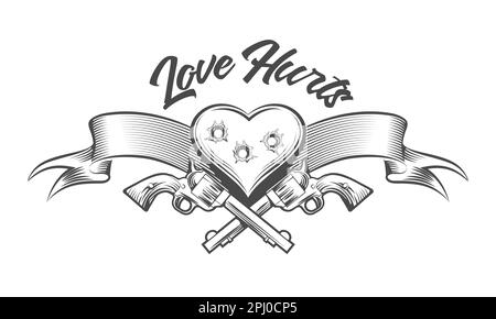 tattoo des durchbohrten Herzens mit Revolver, Band und Text Liebe tut weh isoliert auf Weiß. Vektordarstellung Stock Vektor