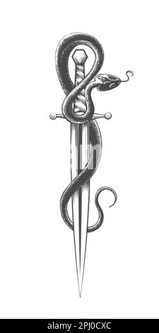 Tattoo von Schlange und Schwert im Gravierstil isoliert auf Weiß. Vektordarstellung Stock Vektor