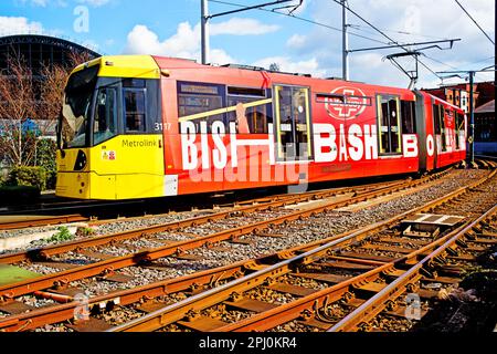 Metrolink Tram Abfahrt Deansgate Tram Station, Manchester, Lancashire, England Stockfoto