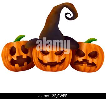 halloween-Kürbis mit Hexenhut. Jack o Laterne Aquarellmalerei isoliert auf weißem Hintergrund Stockfoto