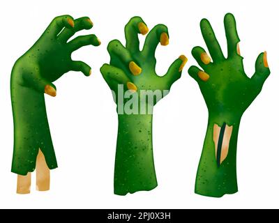 Unheimliche Zombie-Monster-Karikatur-Hände isoliert auf weißem Hintergrund. Halloween-Set Aquarell-Gemälde Stockfoto