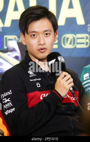 Melbourne, Victoria, Australien. 30. März 2023. MELBOURNE, AUSTRALIEN - MÄRZ 30: Zhou Guanyu von China während einer Pressekonferenz beim australischen Formel-1-Grand Prix 2023 am 30. März 2023 (Kreditbild: © Chris Putnam/ZUMA Press Wire) NUR REDAKTIONELLE VERWENDUNG! Nicht für den kommerziellen GEBRAUCH! Stockfoto