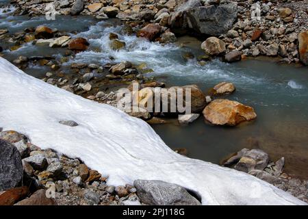 Gefrorenes Eis des Lachung River in Yumesamdong, Zero Point, Sikkim, Indien. Höhe 15.300 Fuß, letzter Außenposten der Zivilisation. Stockfoto