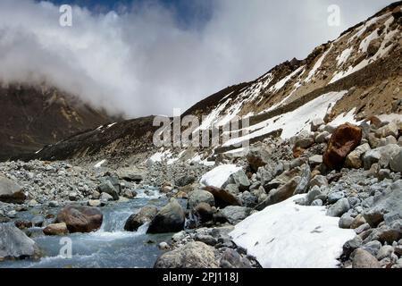 Der eiskalte Lachung River fließt aus dem Gletscher in Yumesamdong, Zero Point, Sikkim, Indien. Höhe 15.300 Fuß, letzter Außenposten der Zivilisation. Stockfoto